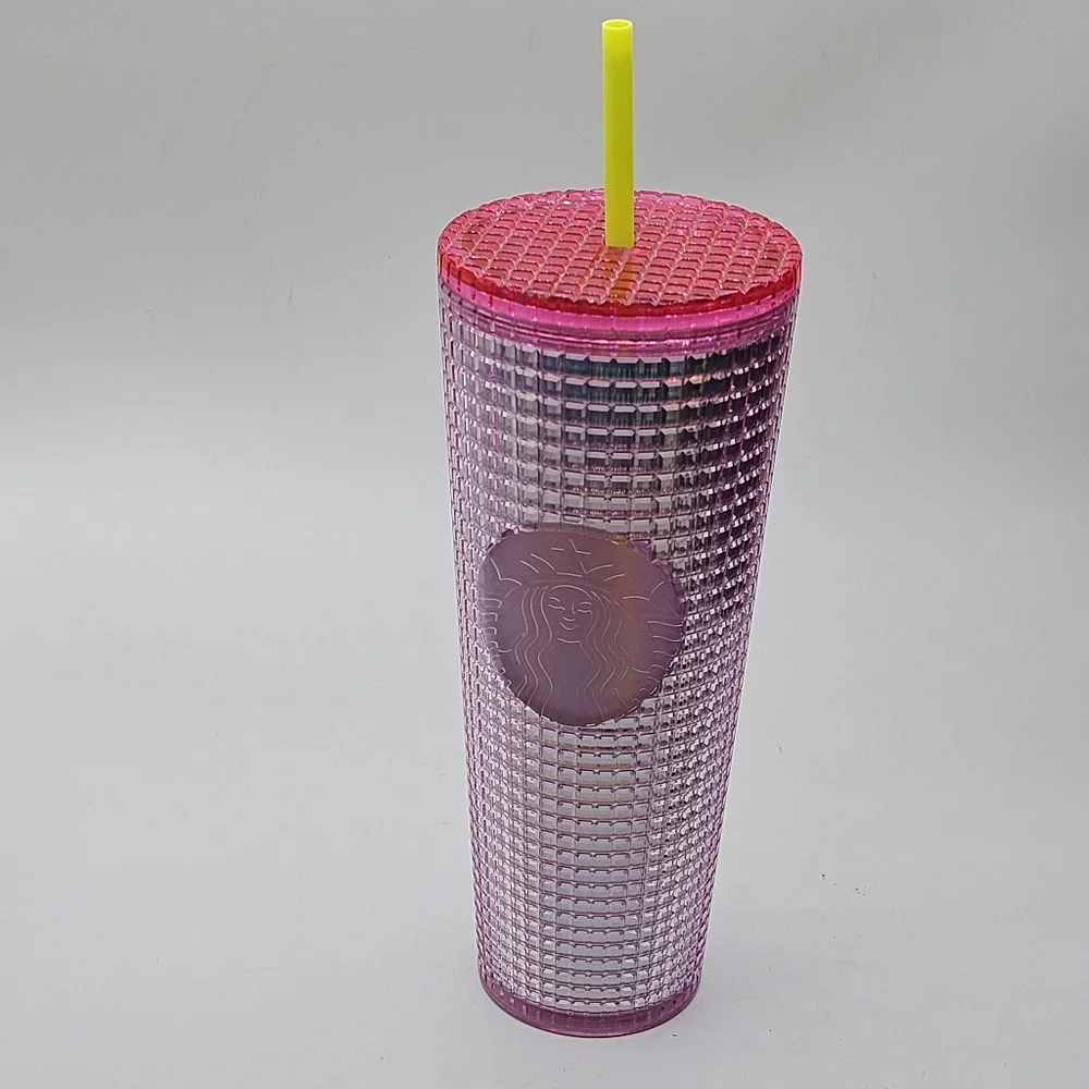 pink bubblegum grid 24 ounce venti tumbler with yellow straw ☆☆ new☆☆ - Picture 1 of 16